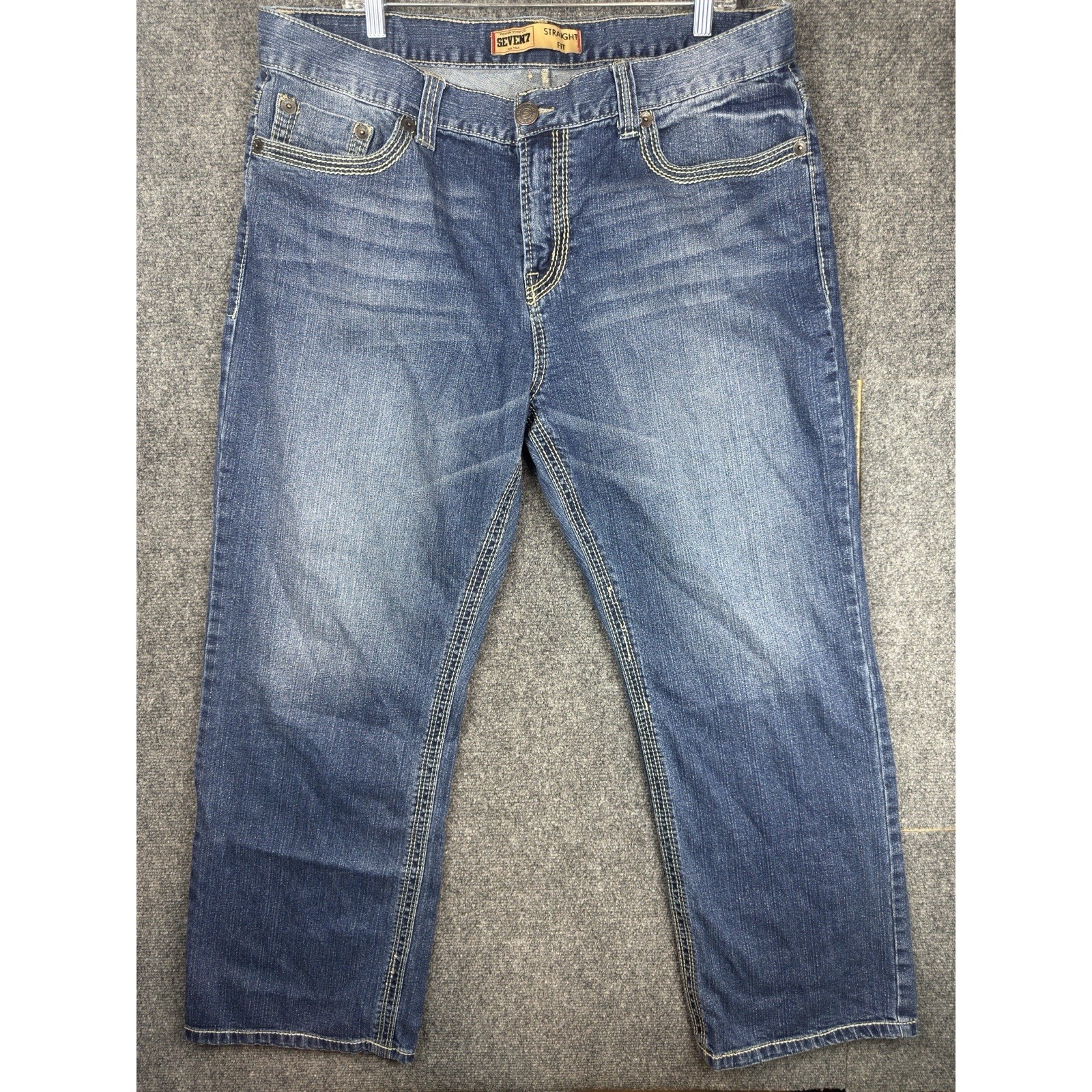 Seven7 Mens Jeans Premium Straight Fit Blue Denim 38x30 Flap Pocket Whiskering